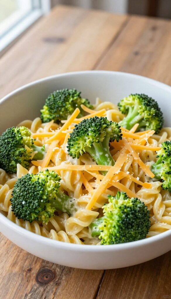 A close-up view of a broccoli cheddar pasta salad in a bowl, featuring pasta, broccoli, and cheese in a creamy dressing, with natural lighting and a clean background.
