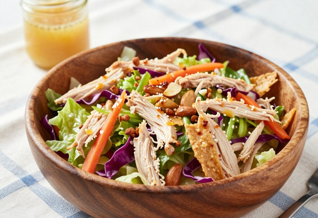 Overhead view of Chinese chicken salad in a wooden bowl with colorful vegetables and crunchy toppings