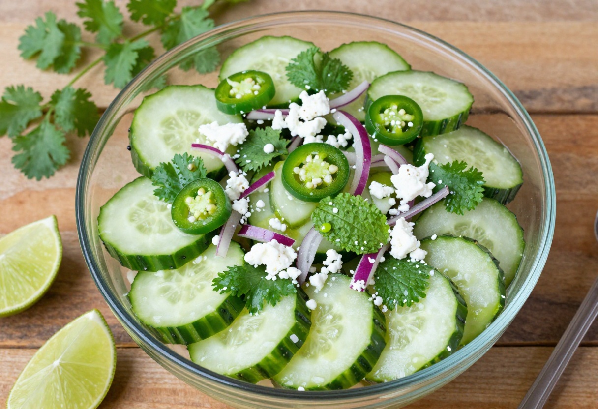 A fresh and colorful Herby Mexican Cucumber Salad in a glass bowl, featuring crisp cucumbers, red onion, herbs, and cotija cheese with lime dressing.