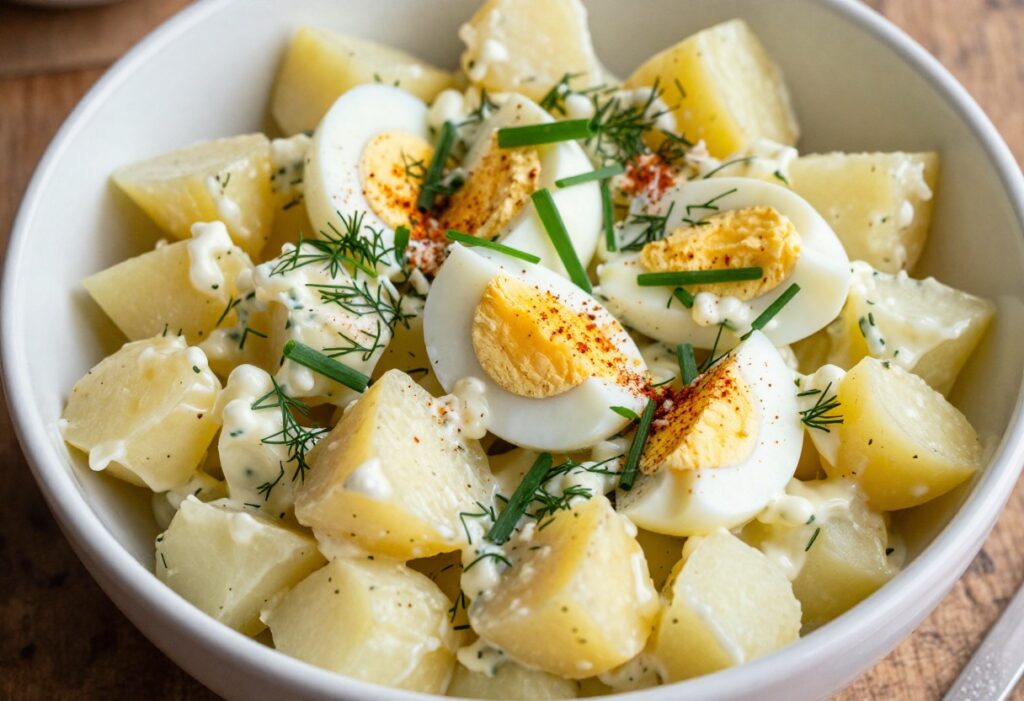 Creamy Instant Pot potato salad in a bowl, garnished with fresh herbs and paprika
