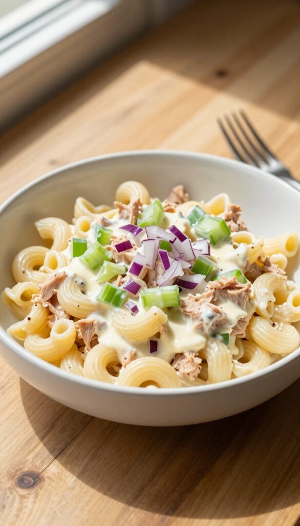 A close-up view of a creamy tuna pasta salad with elbow pasta, tuna, celery, and red onion in a bowl, showcasing a simple and delicious meal for easy lunches.