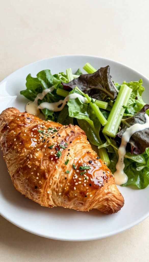 Chicken salad served on a plate with a croissant and side salad