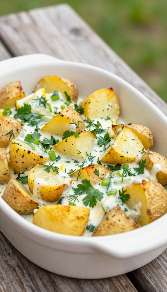 A close-up view of Zesty Lemon Herb Baked Potato Salad in a bowl, showcasing roasted potatoes with herbs and green onions, perfect for picnics and potlucks.