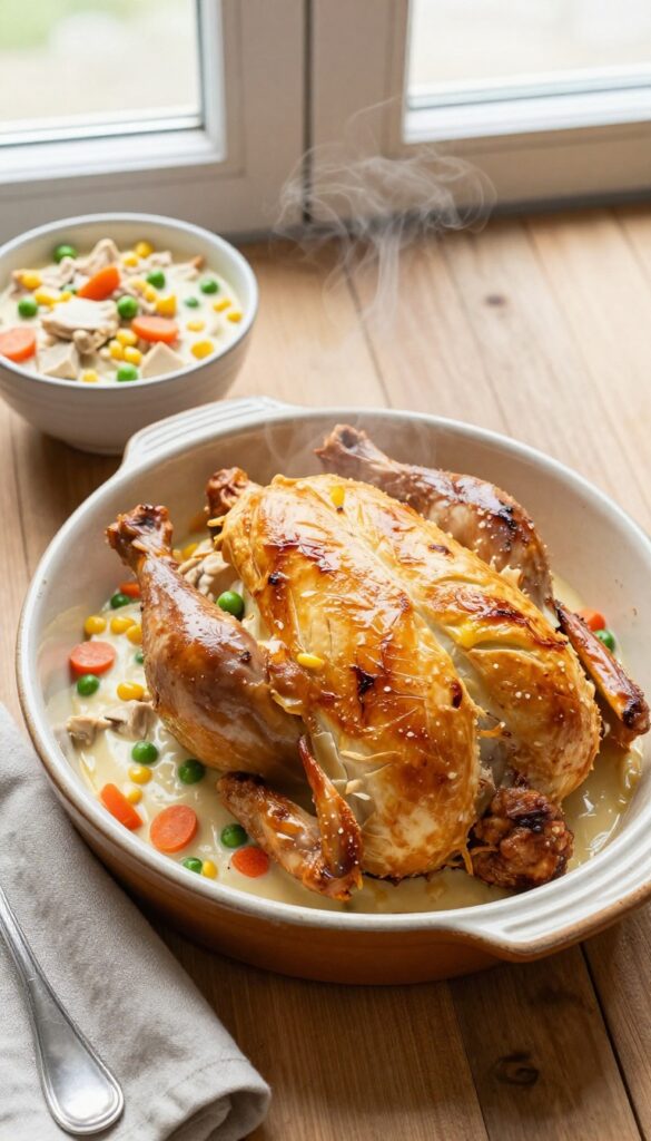 Golden-brown rotisserie chicken pot pie with flaky crust, steam rising, and bowl of creamy chicken and vegetable filling on wooden table.