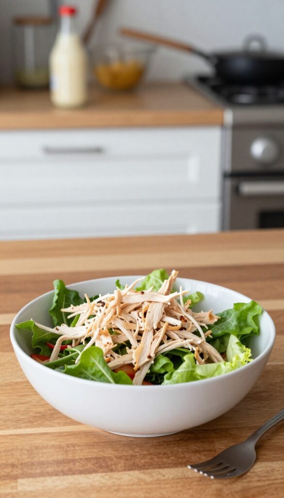 Shredded chicken salad bowl with fork and dressing jar in background