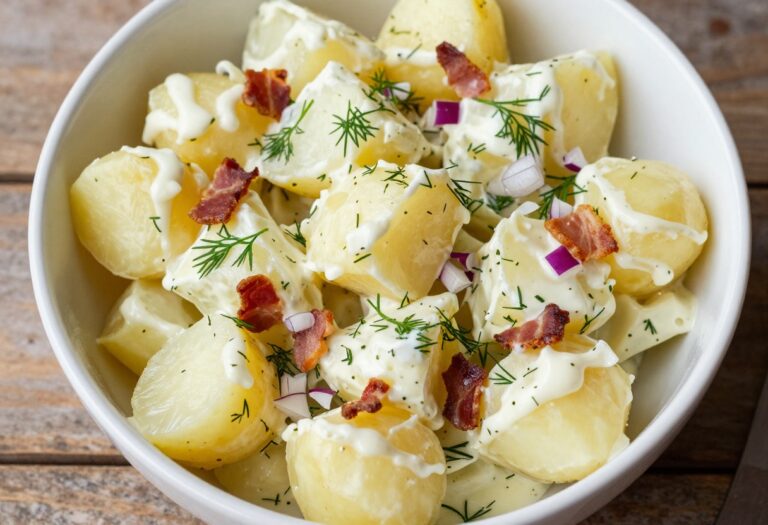 Creamy potato salad with bacon and dill in a white bowl on a wooden table