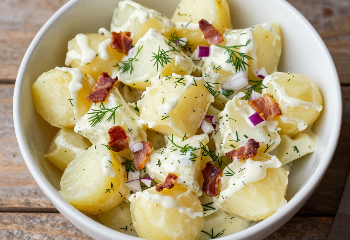 Creamy potato salad with bacon and dill in a white bowl on a wooden table