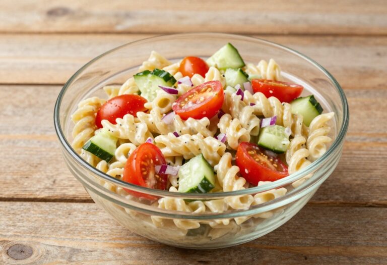 Creamy ranch pasta salad with rotini pasta, cherry tomatoes, cucumber, and red onion in a glass bowl.