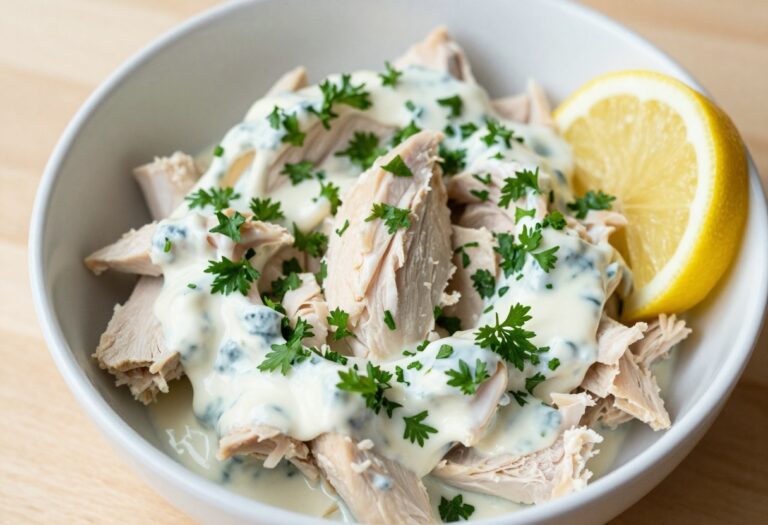 Bowl of chicken salad with canned chicken and lemony mayo base, garnished with parsley and lemon wedges.