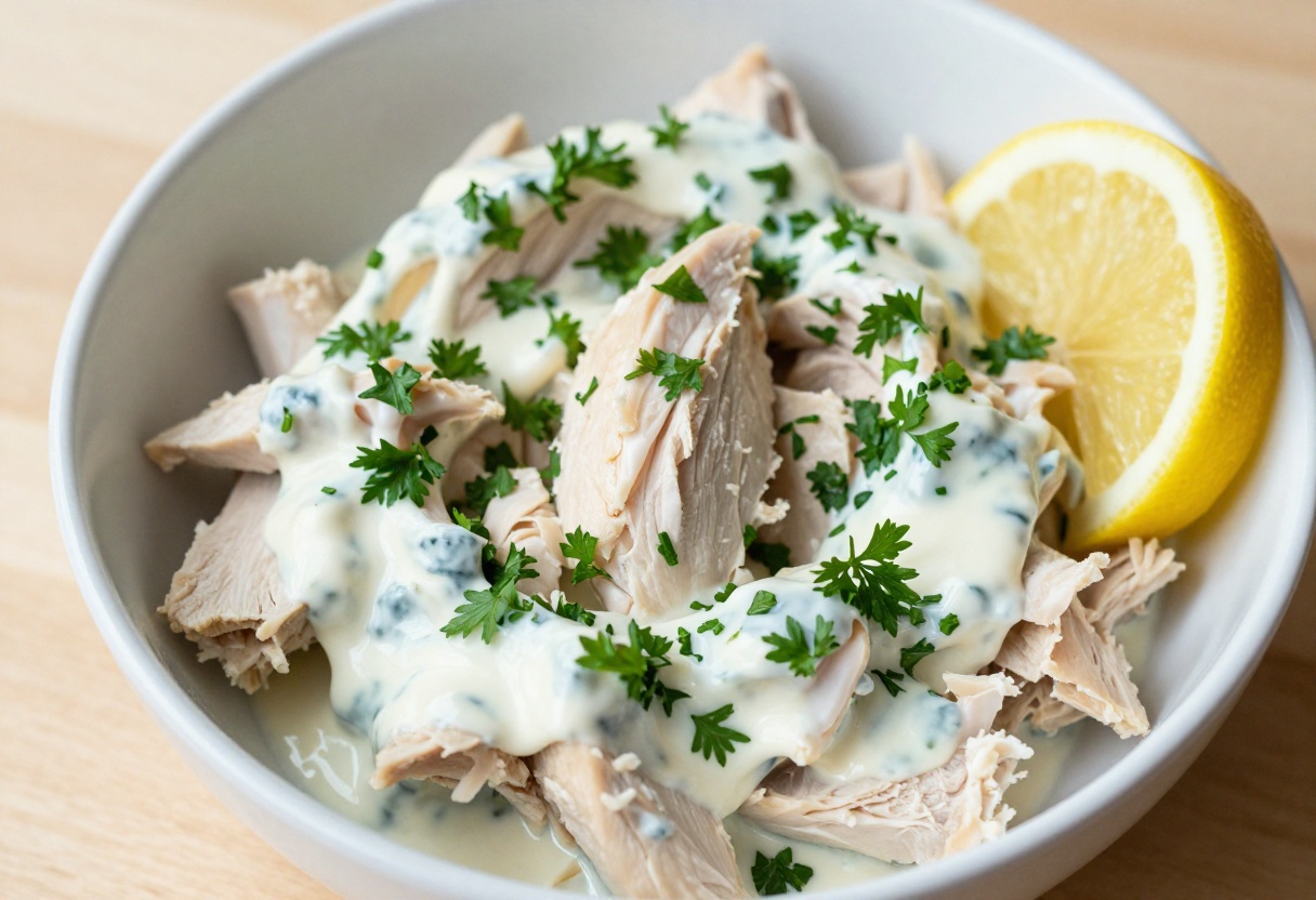 Bowl of chicken salad with canned chicken and lemony mayo base, garnished with parsley and lemon wedges.