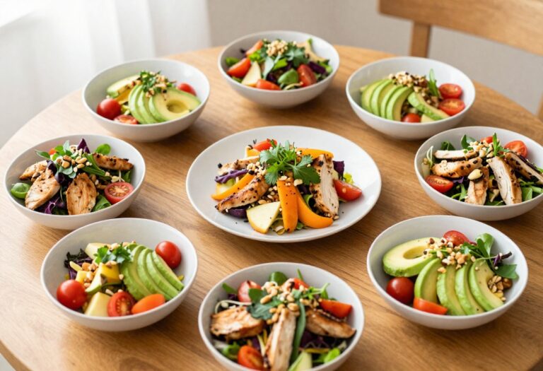 Overhead view of nine bowls of chicken salad with various garnishes on a wooden table