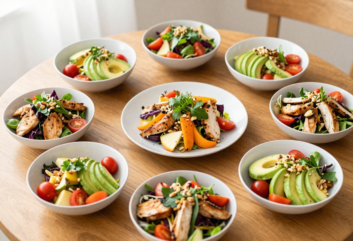 Overhead view of nine bowls of chicken salad with various garnishes on a wooden table