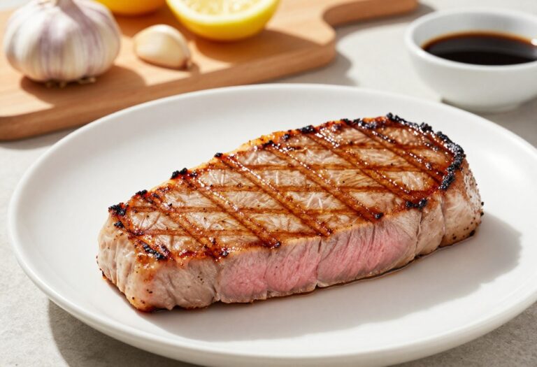 A grilled tuna steak with visible grill marks, served on a white plate with garlic, lemon, and soy sauce, representing delicious and easy dinner recipes.