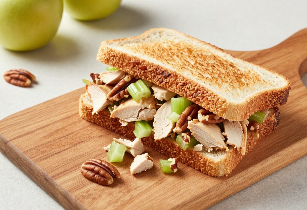 Chicken salad sandwich cut in half on a wooden board with visible crunch ingredients
