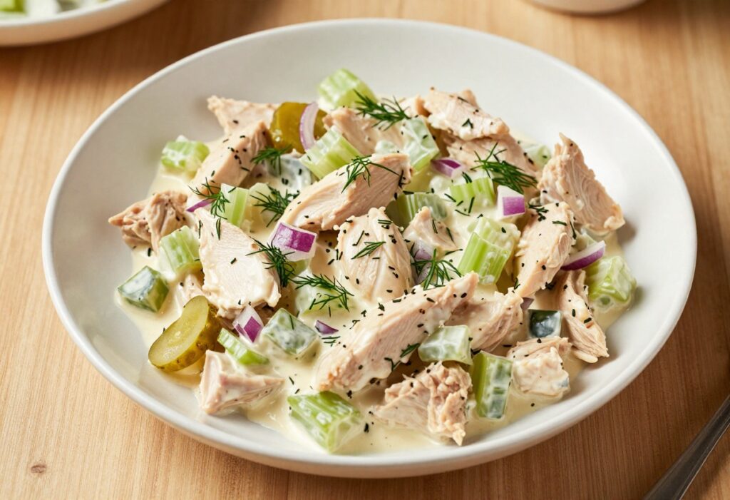 Bowl of Sassy Scotty Chicken Salad with fresh dill garnish on a wooden table