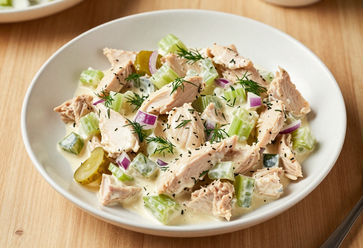 Bowl of Sassy Scotty Chicken Salad with fresh dill garnish on a wooden table