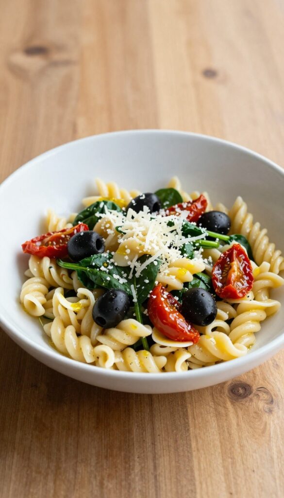 A Mediterranean pasta salad with sun-dried tomatoes, spinach, olives, and parmesan cheese in a bowl, suitable for a summer recipe blog.
