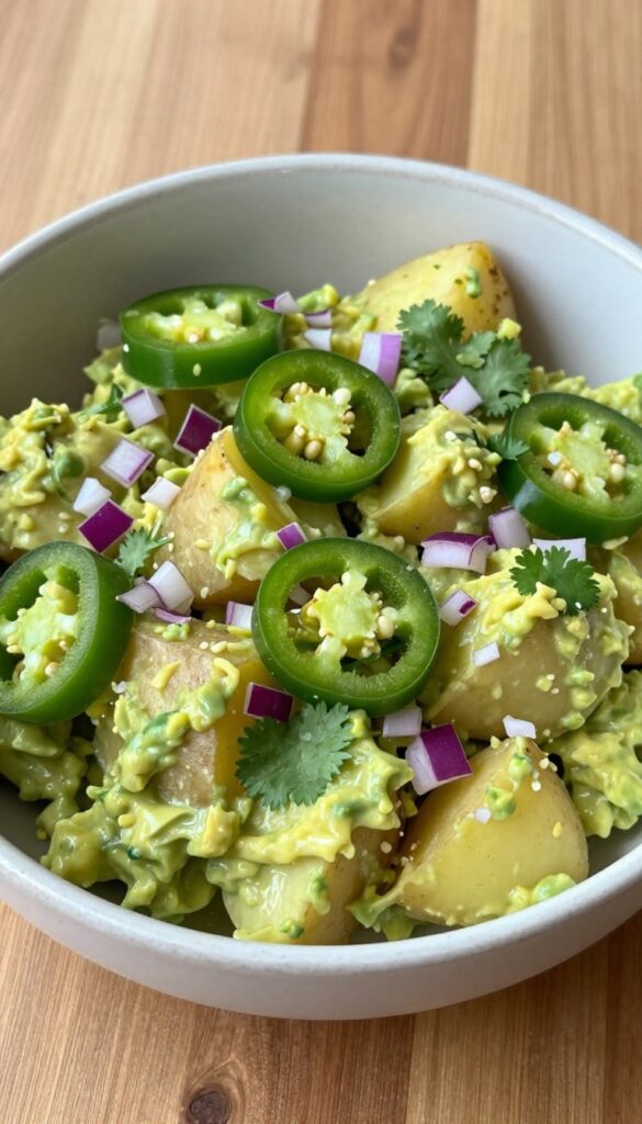 A creamy avocado and jalapeño potato salad in a rustic bowl, showcasing velvety texture, spicy jalapeño slices, and fresh ingredients under natural light.