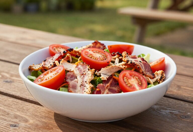 Bowl of BLT chicken salad with bacon and tomatoes on a wooden table outdoors