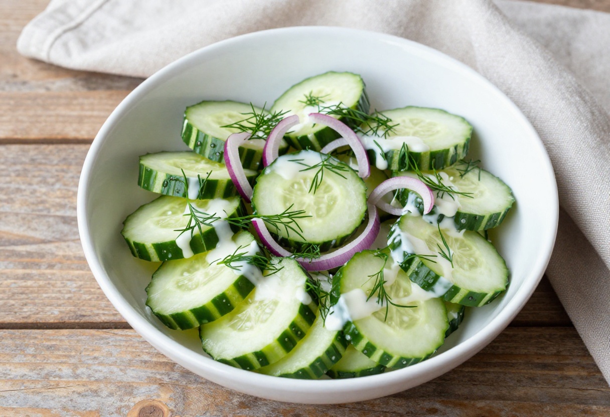 Creamy cucumber salad with fresh dill and sour cream dressing in a white bowl