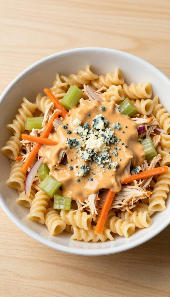 Creamy buffalo chicken pasta salad with rotini, chicken, celery, carrots, and blue cheese in a white bowl