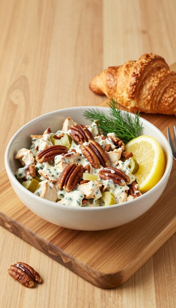 Southern-style pecan chicken salad on a croissant with toasted pecans and pickles