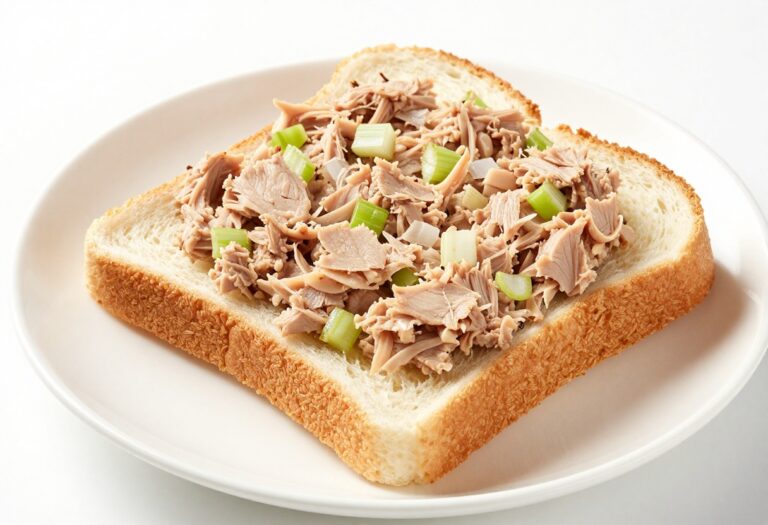 A close-up view of a tuna salad sandwich, showcasing the creamy tuna mixture with celery and onion, on bread with optional lettuce and tomato, representing a quick and easy lunch recipe.