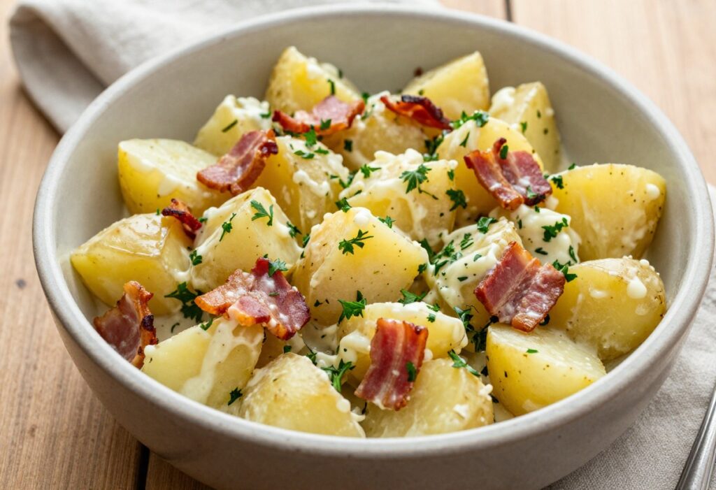 Warm potato salad in a ceramic bowl with golden potatoes, creamy dressing, parsley, and bacon