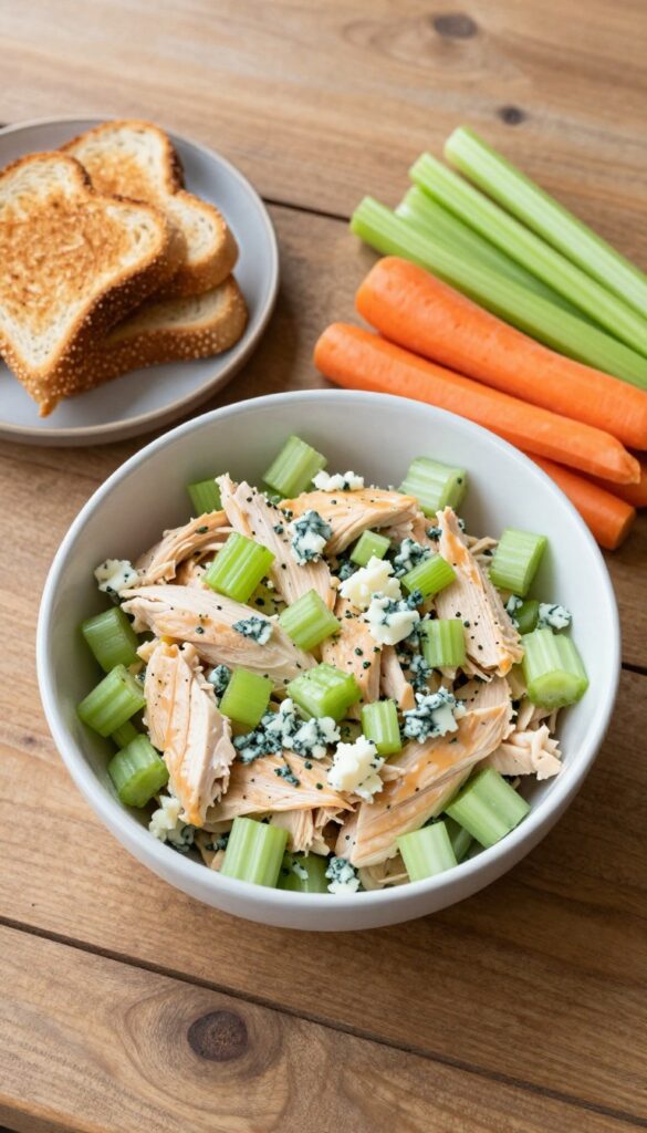 Bowl of buffalo ranch chicken salad with celery, blue cheese, and crunchy vegetables on a wooden table