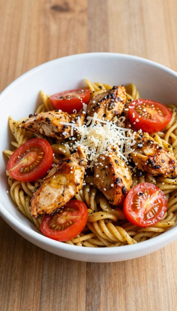 A close-up view of a pesto chicken pasta salad in a bowl, featuring pasta, chicken, tomatoes, and parmesan cheese, with natural lighting and a clean, blog-friendly presentation
