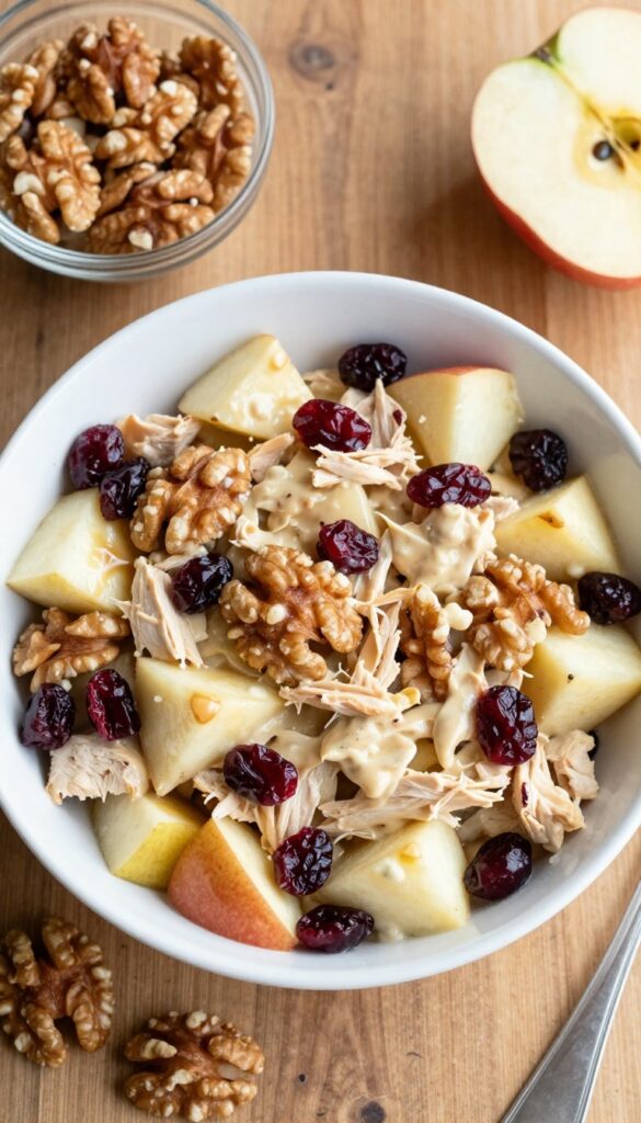Apple and walnut chicken salad with honey mustard dressing in a white bowl on a wooden table.