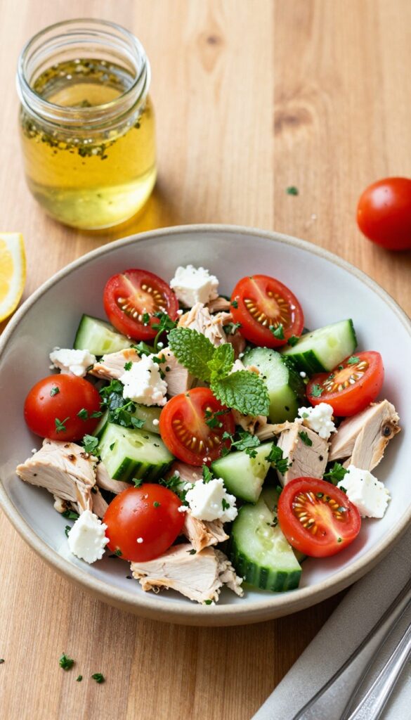 Mediterranean chicken salad with cucumber and feta in a bowl
