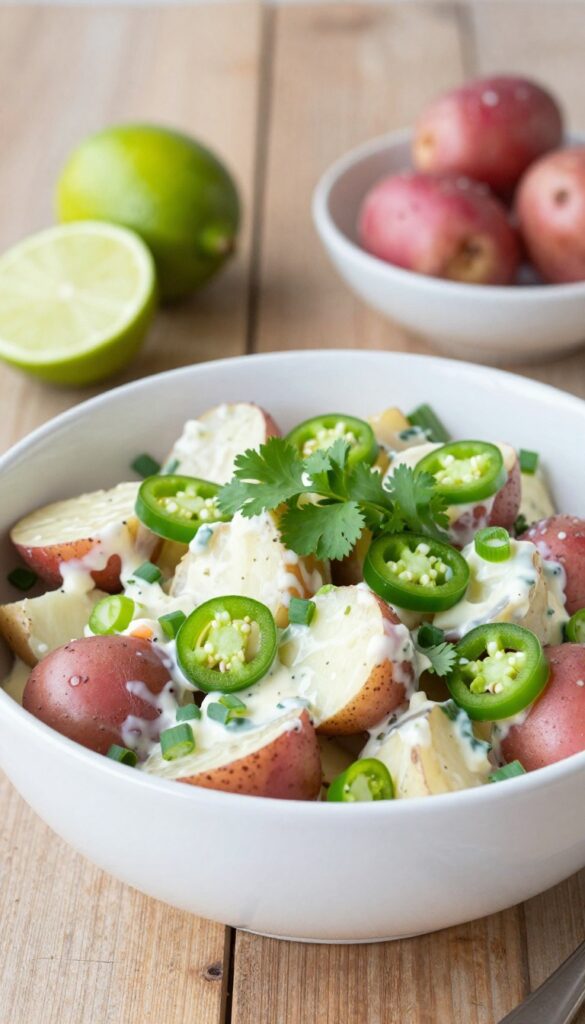 A vibrant potato salad with jalapeños, lime, and cilantro in a white bowl on a wooden table, set against a summer cookout background.