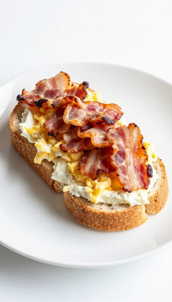 A close-up view of a bacon egg salad sandwich, showing creamy eggs and crispy bacon on bread, with natural lighting and a clean background
