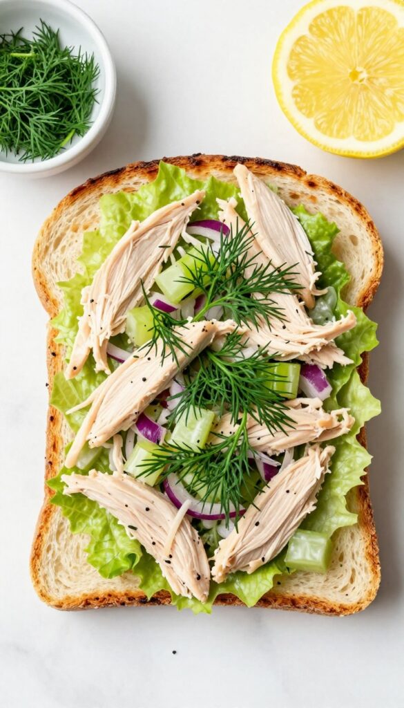 Classic creamy chicken salad with fresh dill on toasted sourdough bread with lettuce