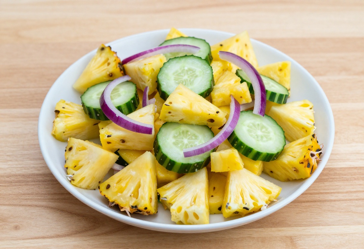 Fresh pineapple cucumber salad with lime dressing in a white bowl