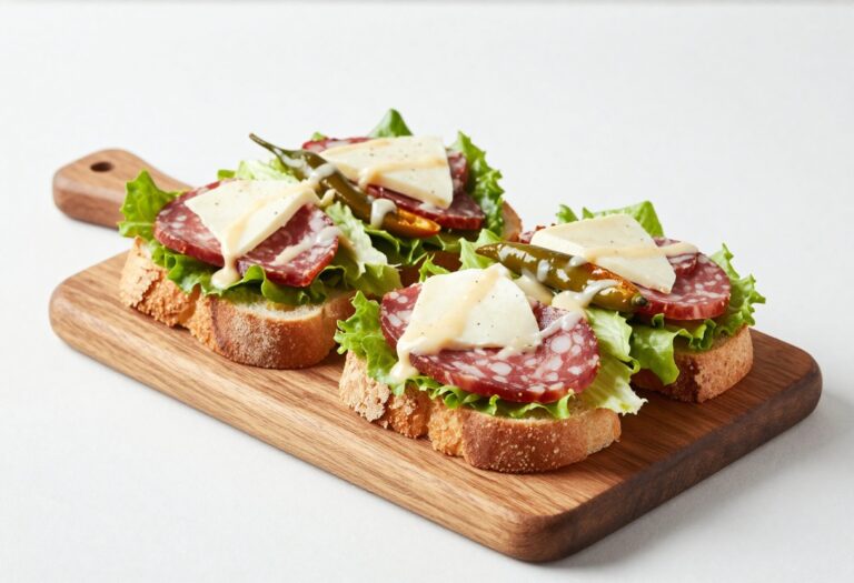 A close-up view of an Italian salad sandwich with chopped ingredients on crusty bread, representing quick and flavorful lunch ideas.