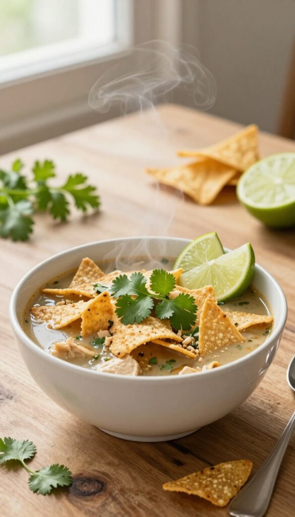 Bowl of chicken tortilla soup with tortilla strips, cilantro, and lime wedges on a wooden table.