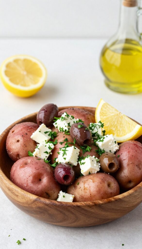 A close-up of Mediterranean olive and feta potato salad in a wooden bowl, showing red potatoes, kalamata olives, feta cheese, and fresh herbs in bright natural light, perfect for a blog listicle on wallet-friendly recipes.