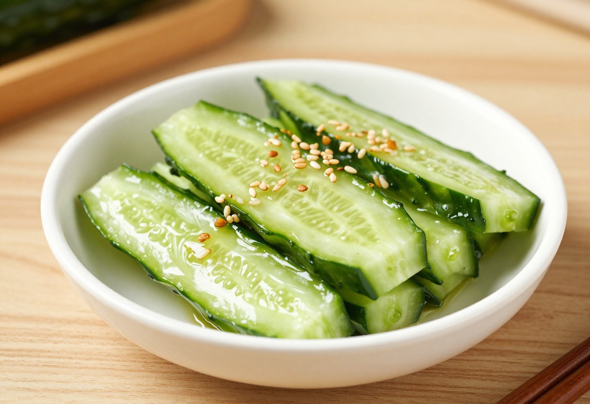 Asian cucumber salad with rice vinegar and sesame seeds in a white bowl