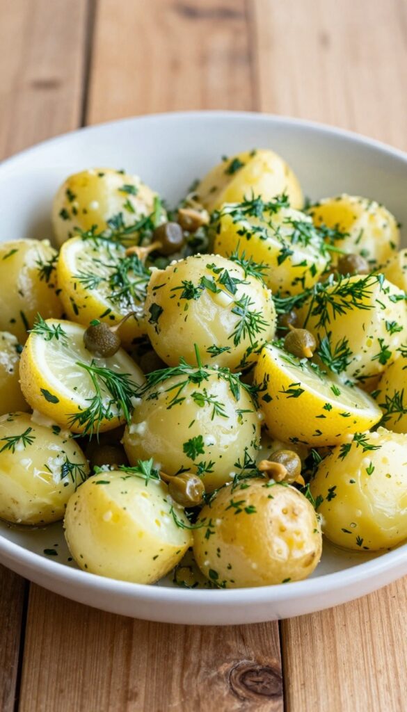 Lemon-Herb Potato Salad with Crispy Capers: A bright and fresh dish featuring tender potatoes in a lemon-herb dressing topped with crispy capers.