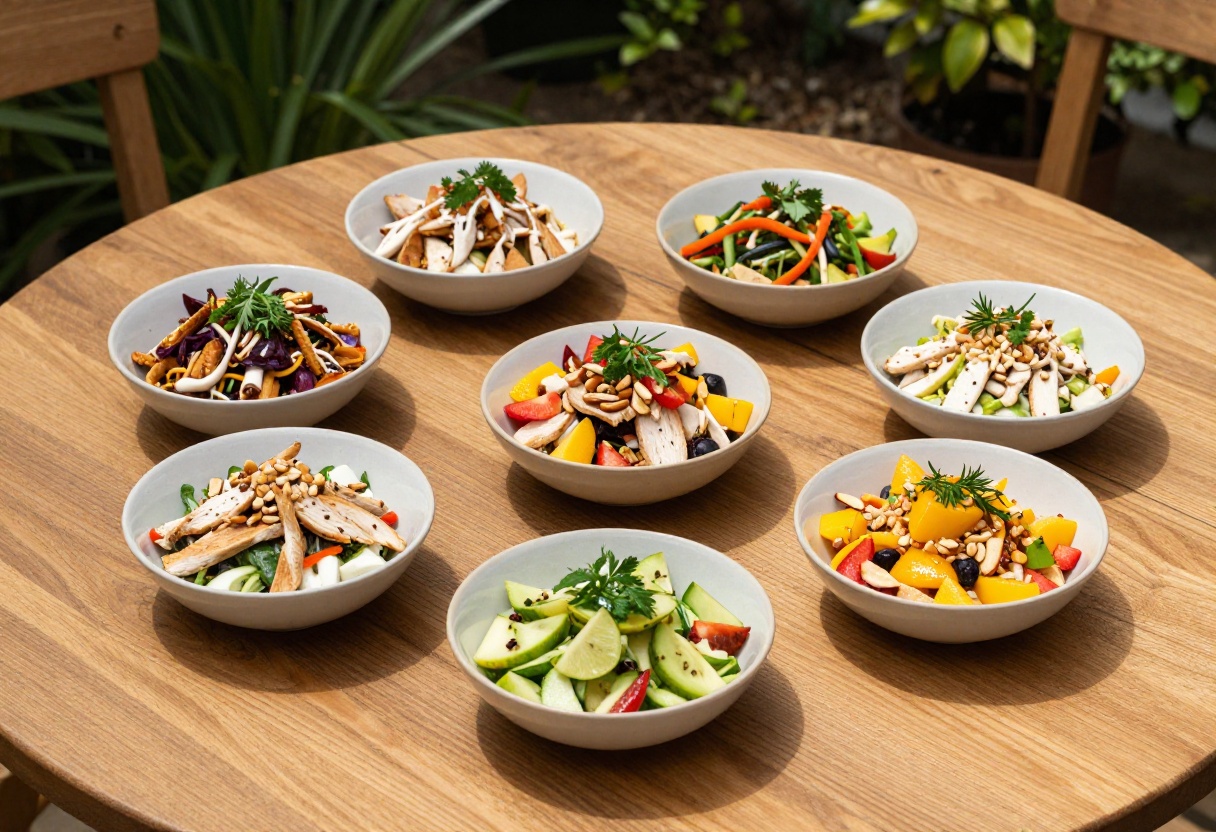 Six bowls of chicken salad on a wooden table in a garden setting