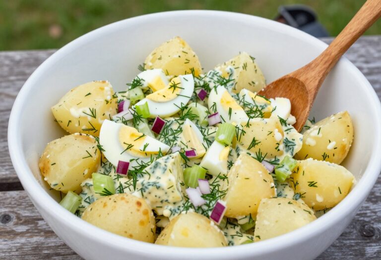 Creamy dill potato salad with fresh herbs in a white bowl on a picnic table