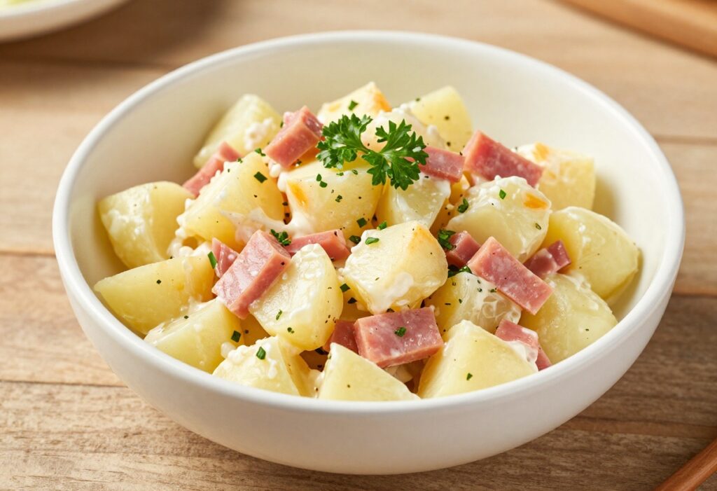 Creamy Japanese potato salad with diced vegetables and ham in a white bowl