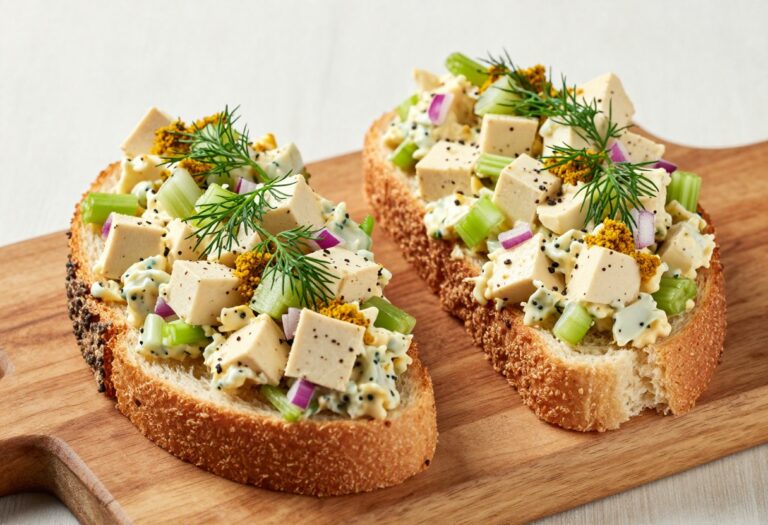 Vegan egg salad sandwich with creamy tofu filling, celery, red onion, and fresh dill, cut in half on a wooden board.