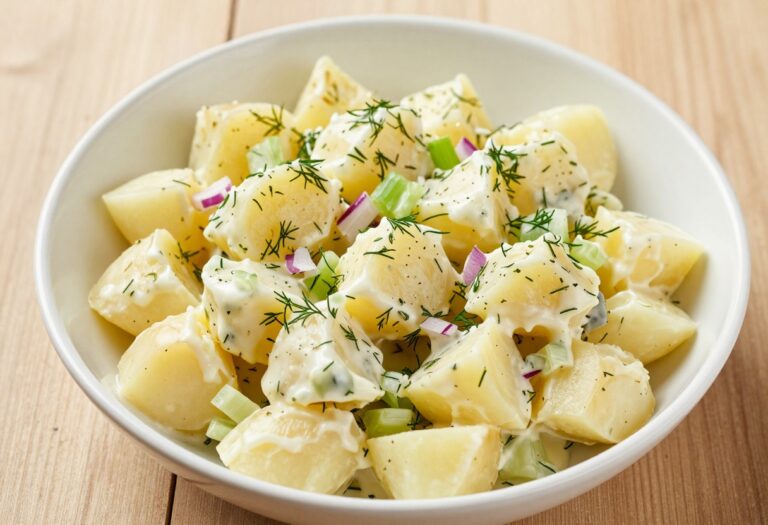 Creamy dill potato salad in a white bowl with fresh herbs and vegetables visible