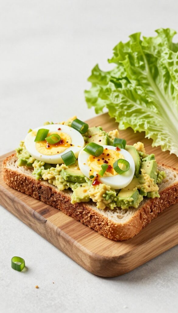 A close-up photo of a spicy avocado and sriracha egg salad sandwich on toasted bread, showcasing creamy texture and fresh ingredients in bright natural light.