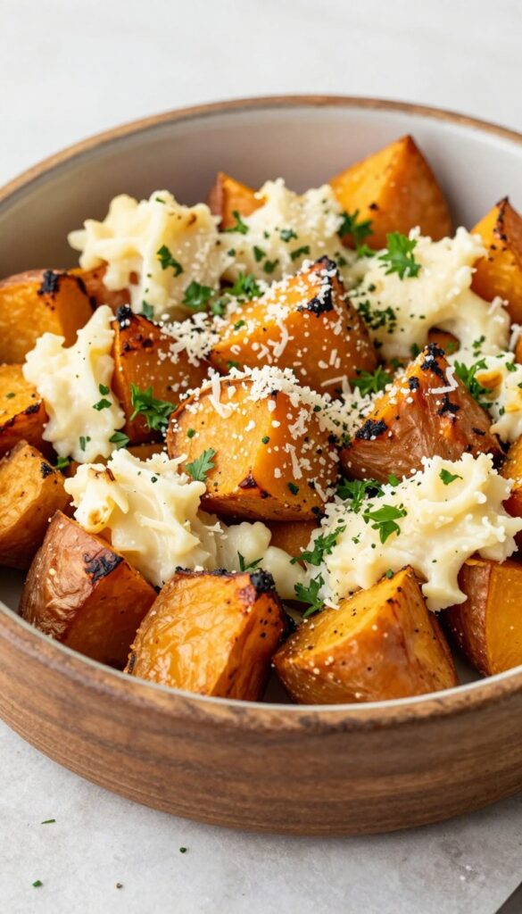 Roasted garlic and Parmesan sweet potato salad with golden-brown potatoes, creamy garlic paste, grated cheese, and fresh parsley on a rustic board.