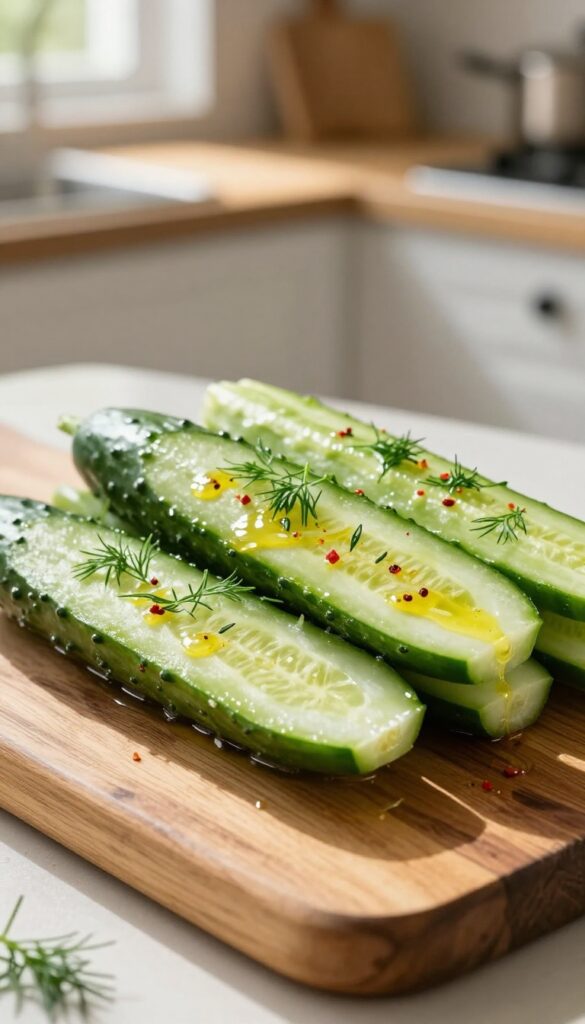 Chunky cucumber spears coated in a spicy dill and vinegar dressing on a wooden board