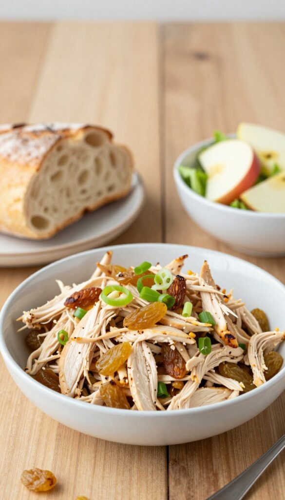 Curried chicken salad with golden raisins and almonds served on a wooden table with bread and greens.